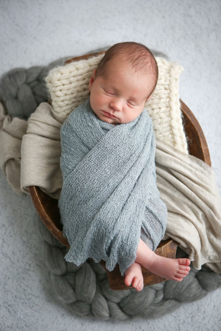 Los Angeles Newborn Photographer, Newborn Boy Wrapped in Blue Blanket, Newborn Baby In Bowl