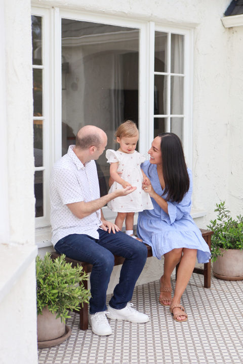 2 Year Old Girl with family on tiled porch, Los Angeles Photography Session