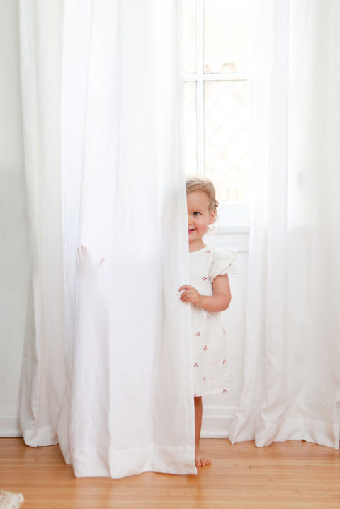 2 Year Old Girl behind curtain, Los Angeles Photography Session