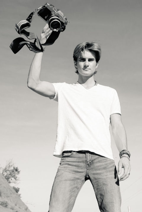 Senior Photo Boy in the mountains burned by Malibu fire, Los Angeles, Diana Henderson Photography, vintage camera prop, brad pitt