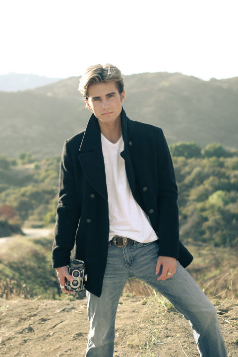Senior Photo Boy in the mountains burned by Malibu fire, Los Angeles, Diana Henderson Photography, vintage camera prop, brad pitt