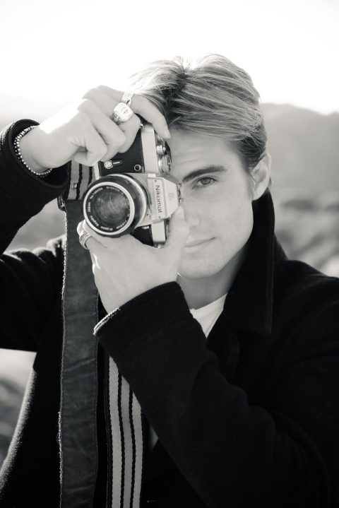 Senior Photo Boy in the mountains burned by Malibu fire, Los Angeles, Diana Henderson Photography, vintage camera prop, brad pitt